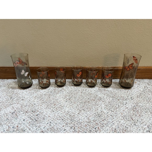 Libbey Other - Seven Vintage Libby Tawny Garden Party Monarch Butterflies Glasses